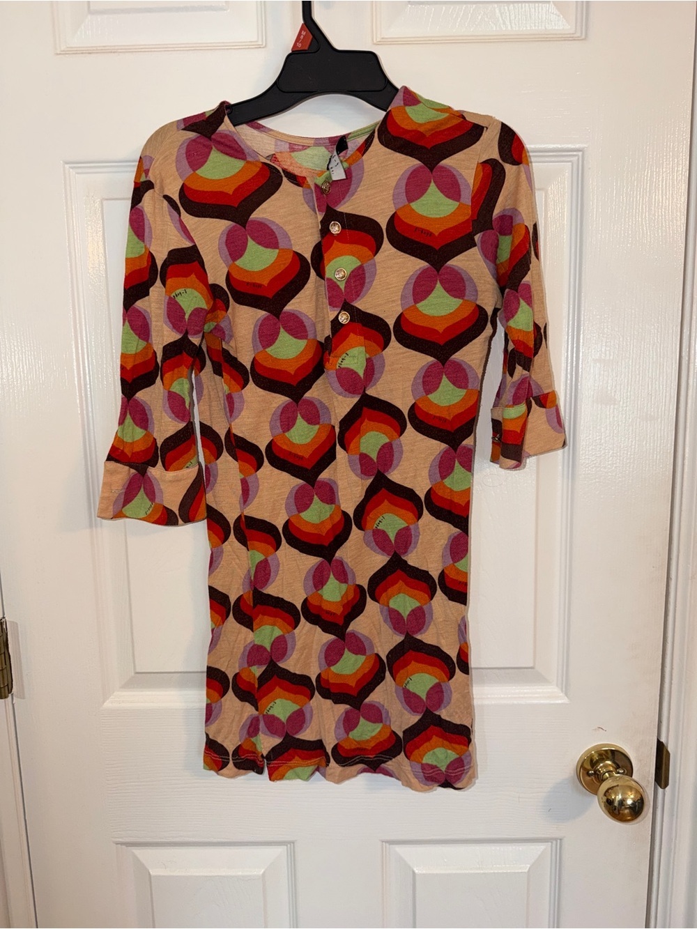 T-Bags Retro Geometric Long Sleeve Dress in Peach, Red, Green, Pink